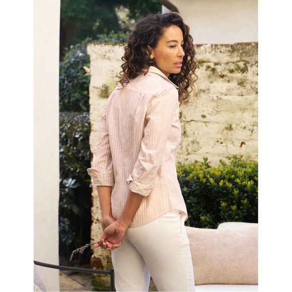 FRANK & EILEEN Barry Tailored Shirt in Sand Stripe Size Large - Picture 2 of 9